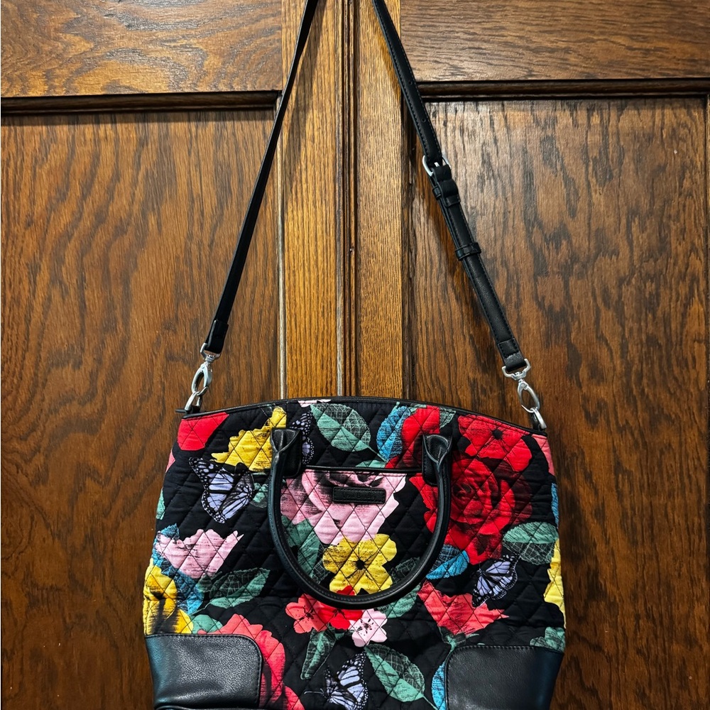 Quilted Floral Crossbody Tote - Black Multicolor